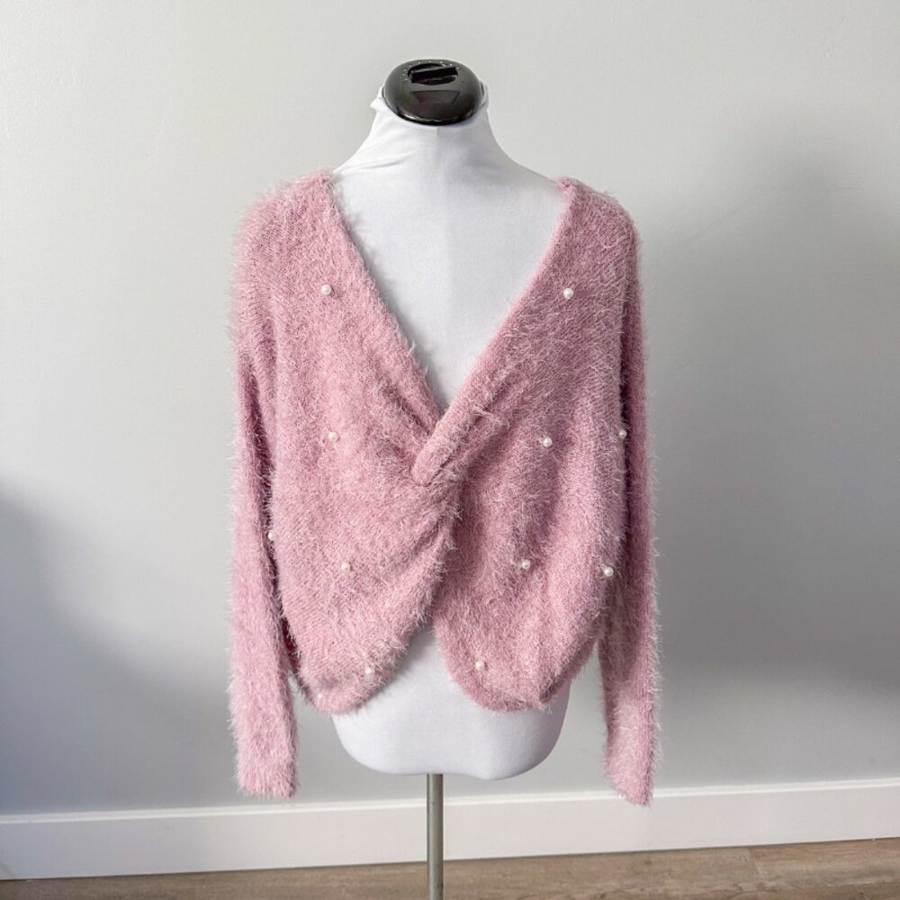 Derek Heart Pink Eyelash Sweater with Pearls